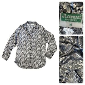 Vintage retro womens silver and black print long sleeve button down shirt blouse